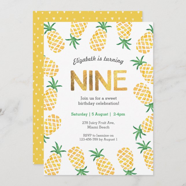 Tropical pineapple 9th Birthday Invitation (Front/Back)