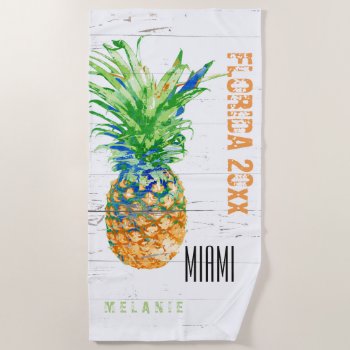 Tropical Pineapple Add Name  Year And Location Beach Towel by ilovedigis at Zazzle