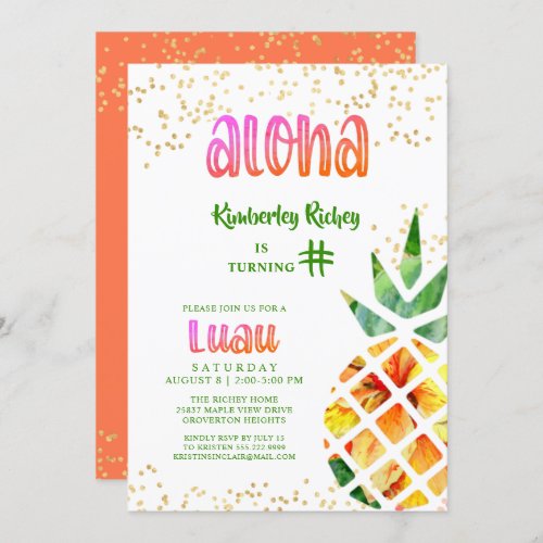 Tropical Pineapple Aloha ANY AGE Birthday Luau Invitation