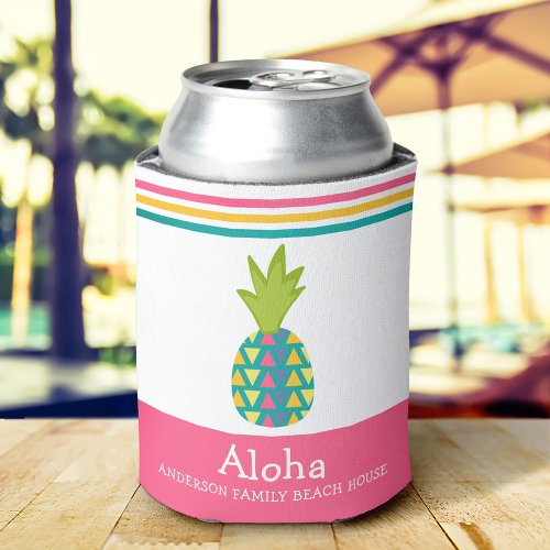 Tropical Pineapple Aloha Beach House Luau Pink Can Cooler