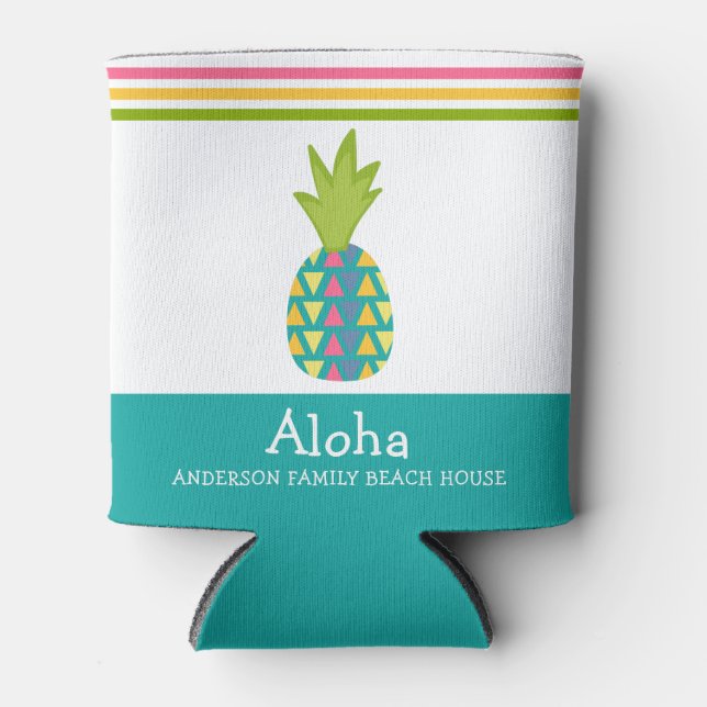 Tropical Pineapple Aloha Beach House Luau Teal Can Cooler (Front)