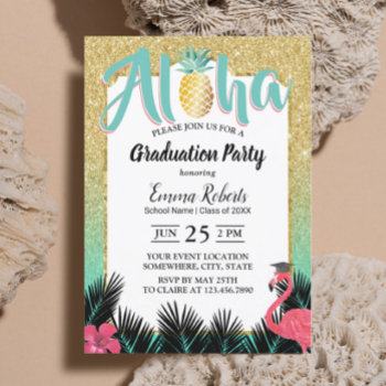 Tropical Pineapple Aloha Gold Glitter Graduation Invitation by myinvitation at Zazzle