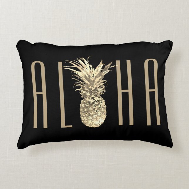 Tropical Pineapple Aloha Gold Typography Black Accent Pillow (Front)