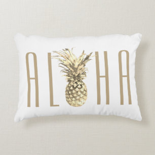 Tropical Pineapple Aloha Quote Taupe Typography Accent Pillow