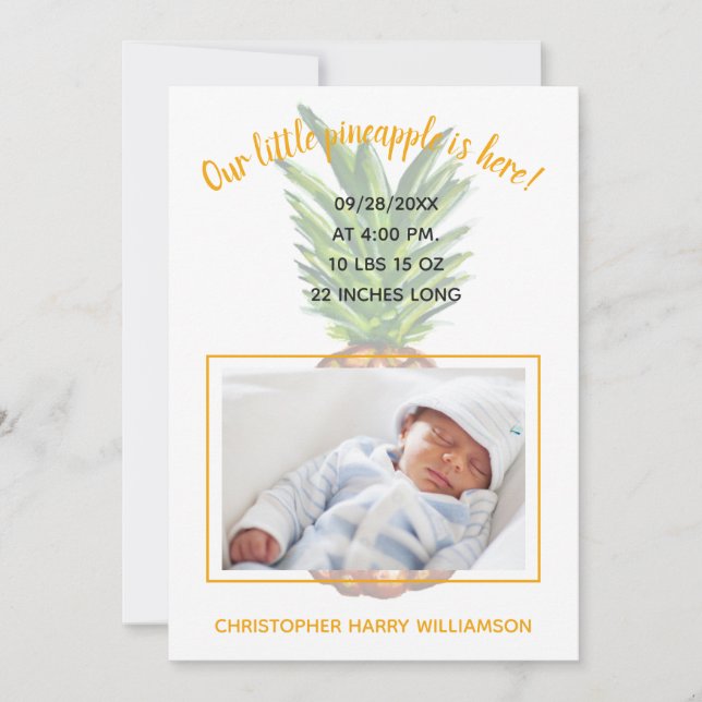 Tropical Pineapple Baby Photo Birth Announcement (Front)