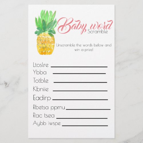 Tropical pineapple baby shower game word scramble flyer