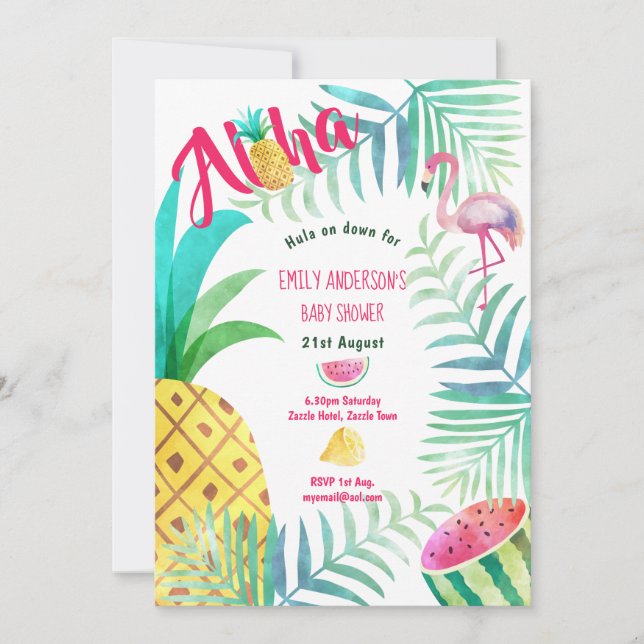 Tropical Pineapple Baby Shower Invites Flamingo (Front)