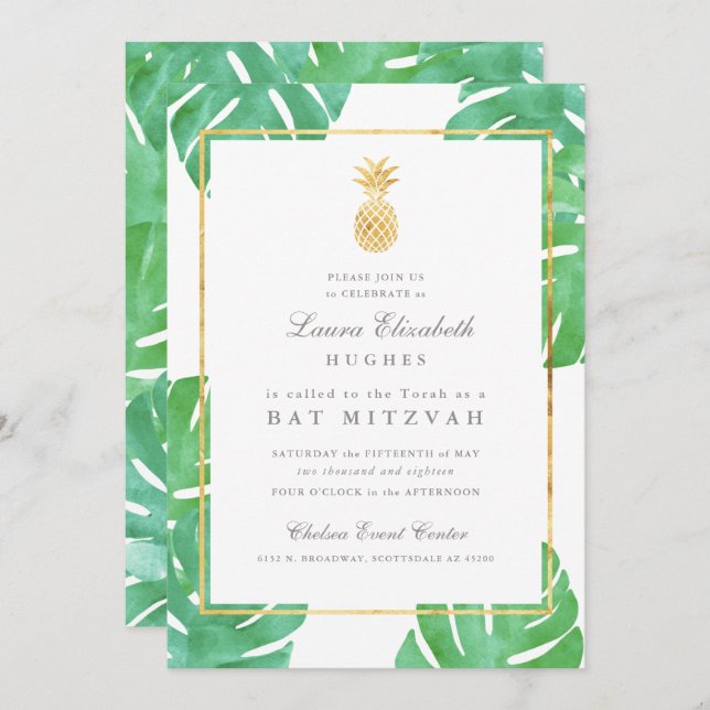 Tropical Pineapple Bat Mitzvah invitation (Front/Back)