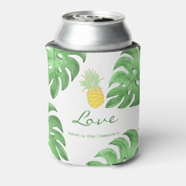 Tropical pineapple beach editable color wedding can cooler (Can Back)