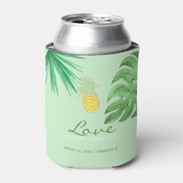Tropical pineapple beach green gold wedding can cooler (Can Front)