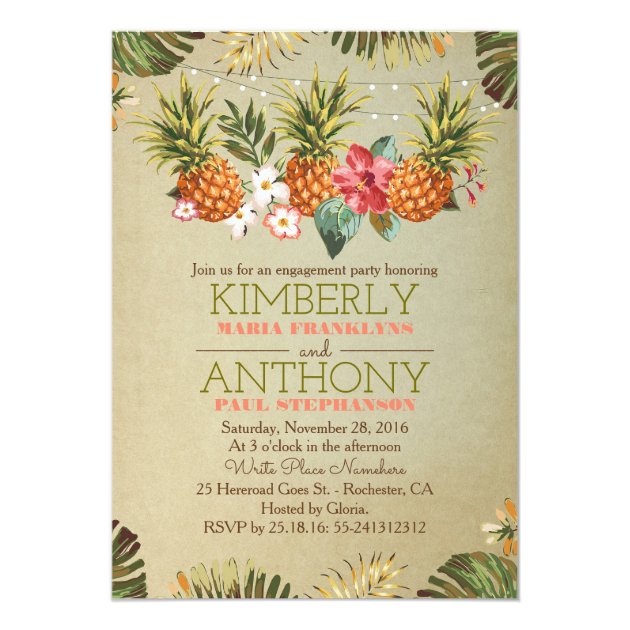 Tropical Pineapple Beach Lights Engagement Party Invitation