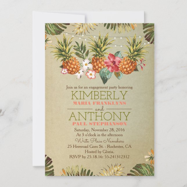 tropical pineapple beach lights engagement party invitation (Front)