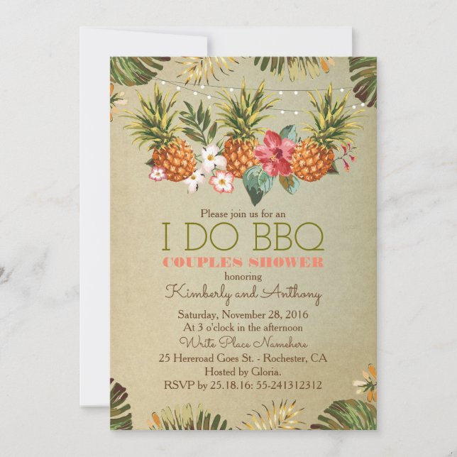 tropical pineapple beach lights i do bbq invitation (Front)