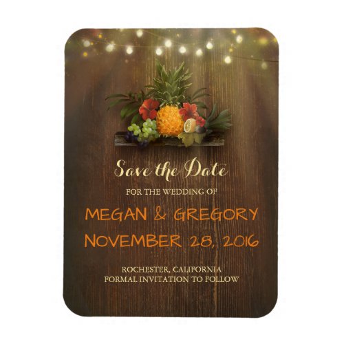 Tropical Pineapple Beach Lights Save the Date Magnet - Rustic beach wedding string lights and tropical pineapple fruit save the date magnets