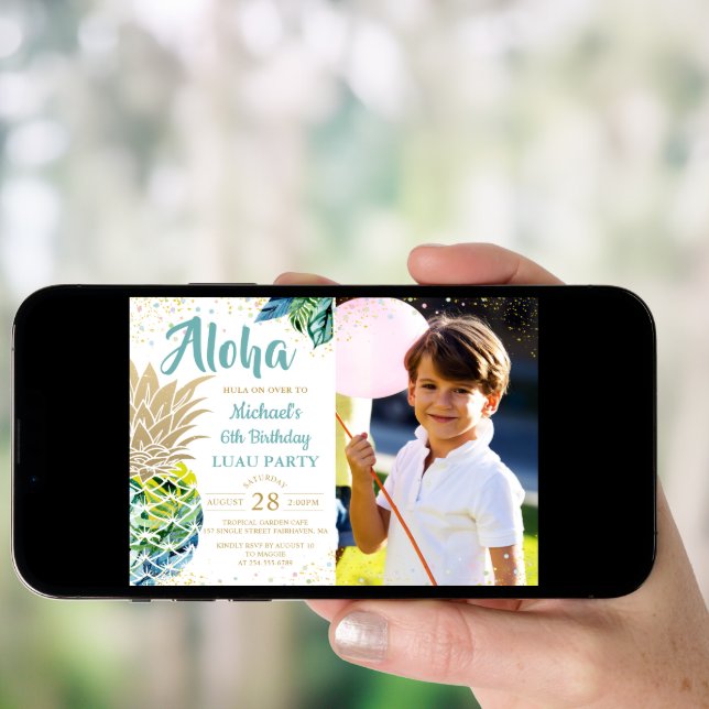 Tropical Pineapple Beach Luau Birthday Photo Invitation (Front Digital)