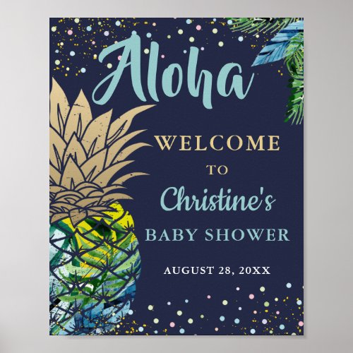 Tropical Pineapple Beach Navy Blue Baby Shower Poster