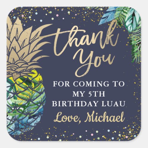 Tropical Pineapple Beach Party Navy Blue Thank You Square Sticker