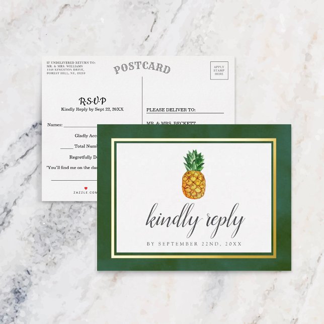 Tropical Pineapple Beach Wedding RSVP Real Foil Invitation Postcard (Creator Uploaded)