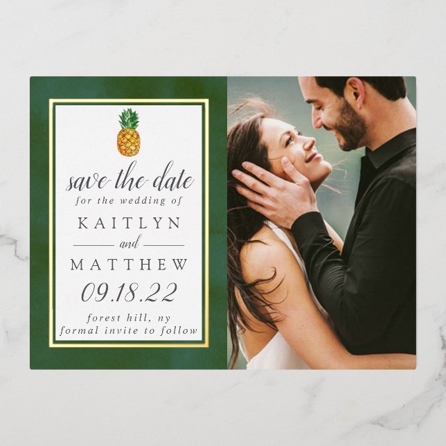 Tropical Pineapple Beach Wedding Save The Date Foil Invitation Postcard (Front)