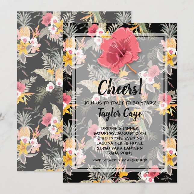 Tropical Pineapple Black Birthday Invitations (Front/Back)