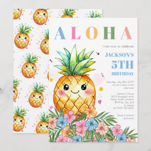 Tropical Pineapple Blue Aloha Kids Birthday Party Invitation