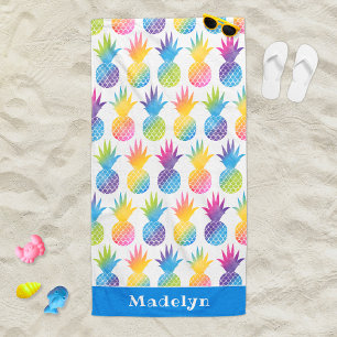 Tropical Pineapple Blue Watercolor Custom Name Beach Towel