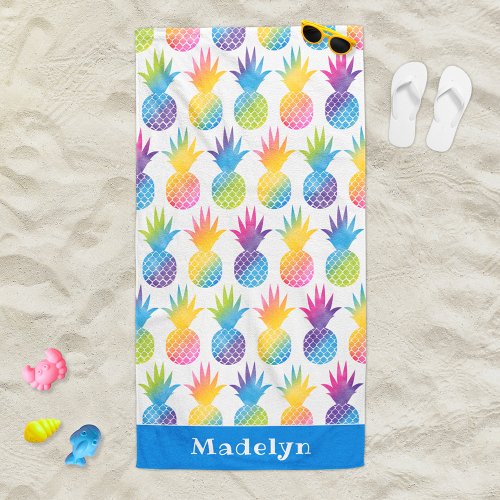 Tropical Pineapple Blue Watercolor Custom Name Beach Towel