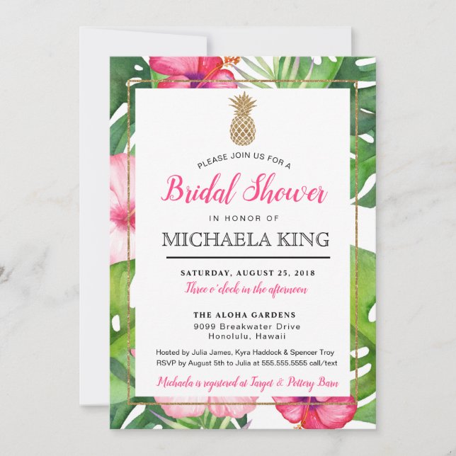 Tropical Pineapple Bridal Shower Invitation, White Invitation (Front)