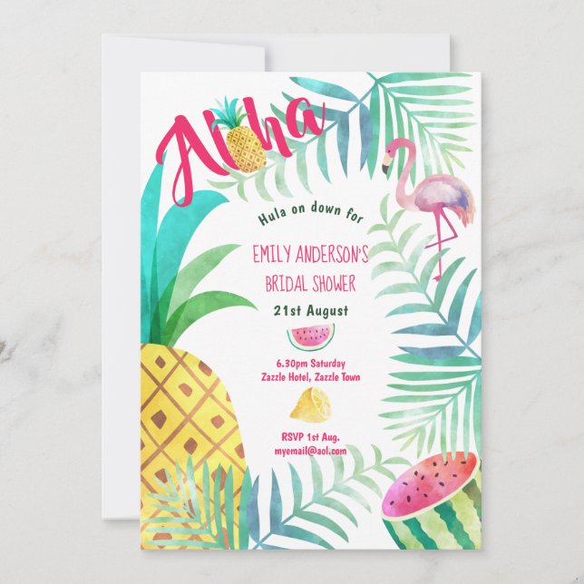 Tropical Pineapple Bridal Shower Invites Flamingo (Front)
