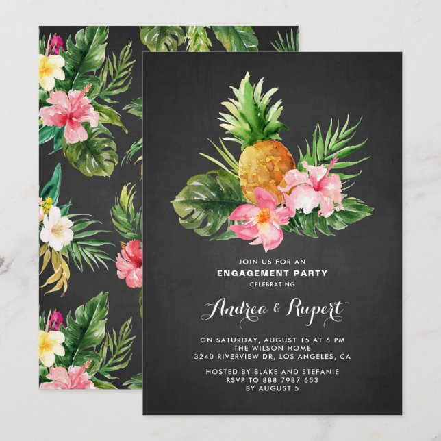 Tropical Pineapple Chalkboard Engagement Party Invitation (Front/Back)