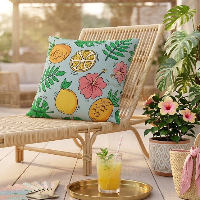 Tropical Pineapple Citrus Hibiscus Fruit Pattern Throw Pillow (Creator Uploaded)
