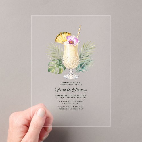 Tropical Pineapple Cocktail Coastal Bridal Shower Acrylic Invitations