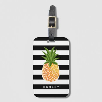 Tropical Pineapple Decor Black White Stripes Luggage Tag by UrHomeNeeds at Zazzle