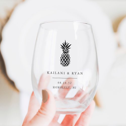 Tropical Pineapple Destination Wedding Favor Stemless Wine Glass