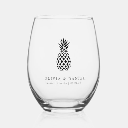 Tropical Pineapple Destination Wedding Favor  Stemless Wine Glass