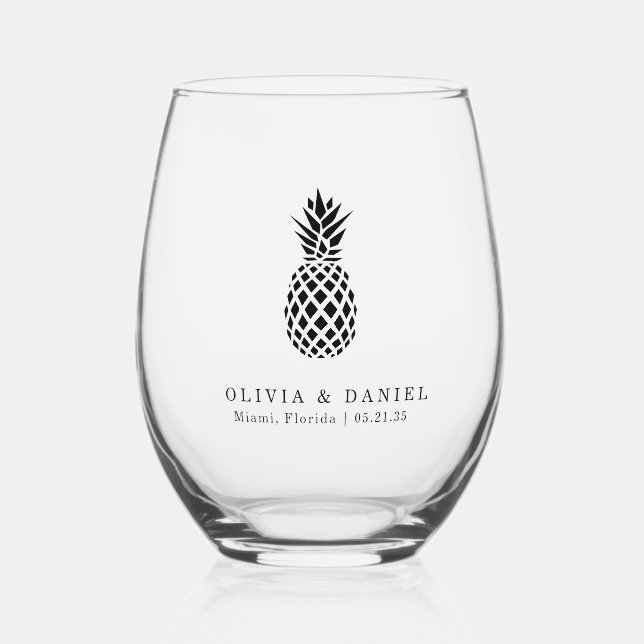 Tropical Pineapple Destination Wedding Favor  Stemless Wine Glass (Front)