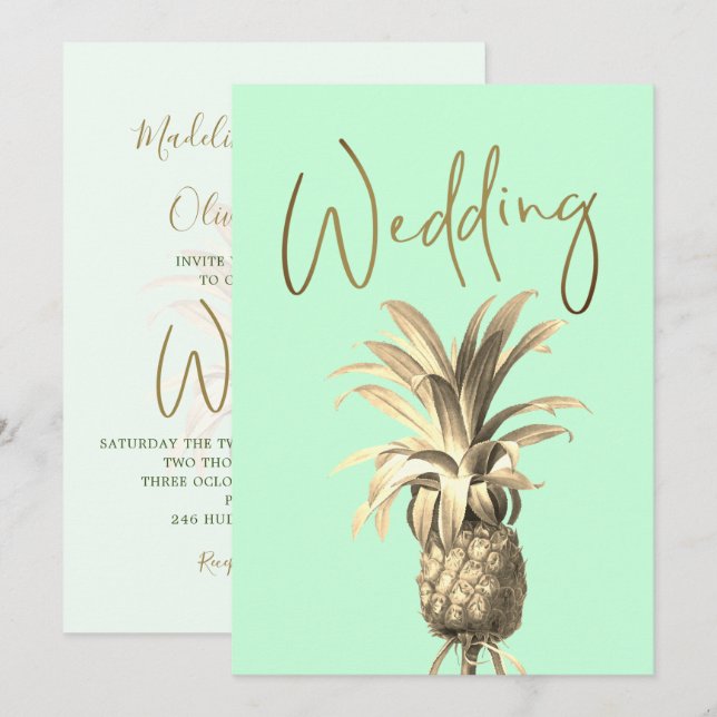 Tropical Pineapple Elegant Modern Gold  Wedding Invitation (Front/Back)