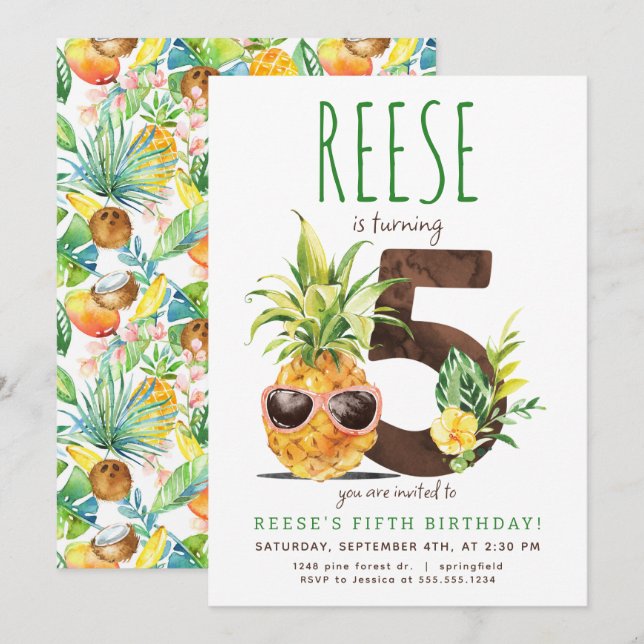 Tropical Pineapple Fifth Birthday Invitation (Front/Back)