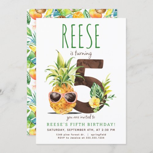 Tropical Pineapple Fifth Birthday Invitation
