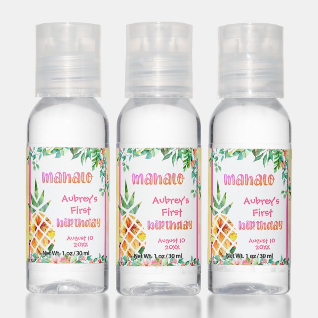Tropical Pineapple First Birthday MAHALO Thank You Hand Sanitizer (Set)