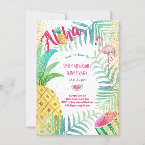 Tropical Pineapple Flamingo Pink Gold Aloha Invitation