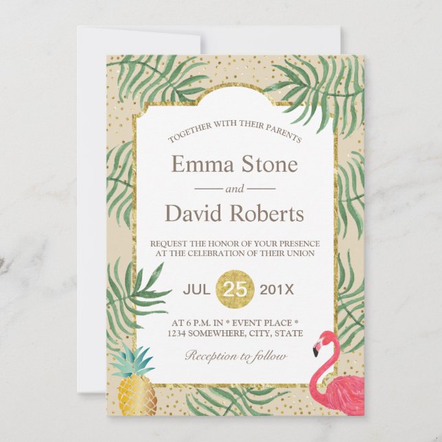 Tropical Pineapple & Flamingo Summer Beach Wedding Invitation (Front)