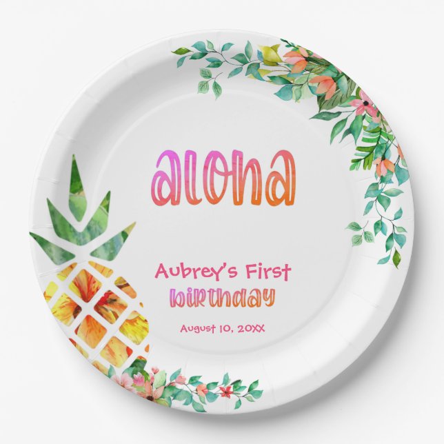 Tropical Pineapple Floral Aloha First Birthday Paper Plates (Front)