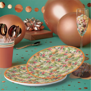 Tropical Pineapple Floral Botanical Leaves Pattern Paper Plates