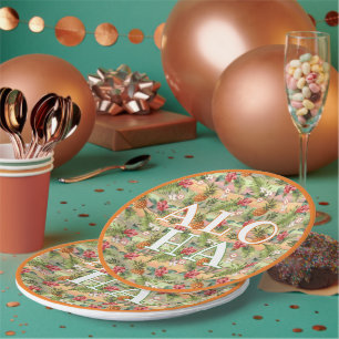 Tropical Pineapple Floral Botanical Leaves Pattern Paper Plates
