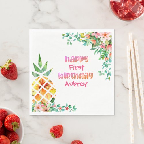 Tropical Pineapple Floral First Birthday Name Napkins