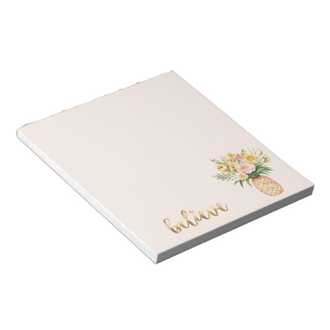 Tropical Pineapple Floral Gold Believe Quote Notepad (Angled)