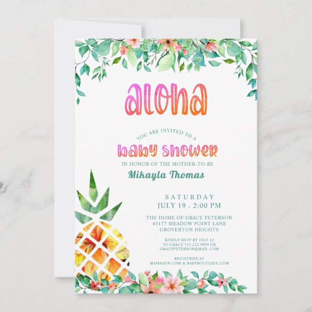 Tropical Pineapple Floral Luau Baby Shower Invitation (Front)