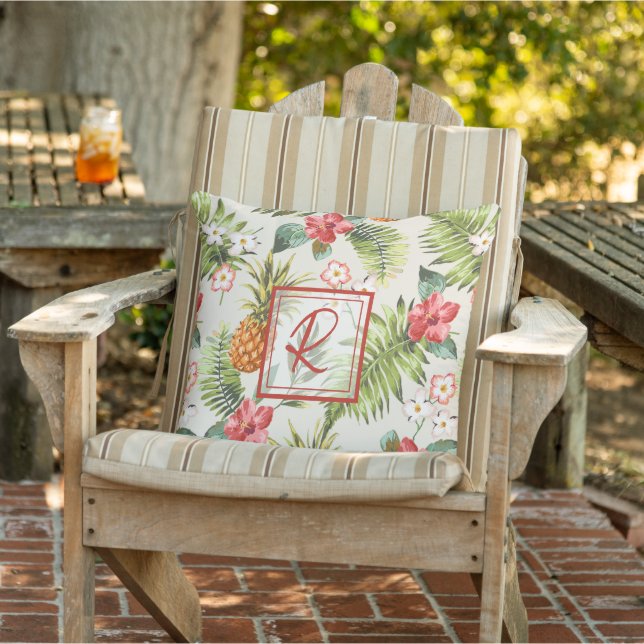 Tropical Pineapple Floral Pattern Monogram Outdoor Pillow (Chair)