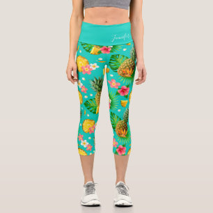 Tropical Pineapple Floral Personalized Name Capri Leggings